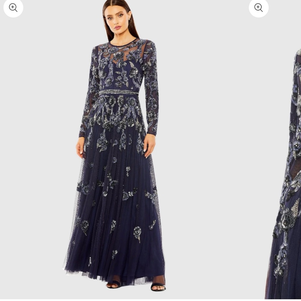 Mac Duggal Navy Long Sleeve Embellished Dress